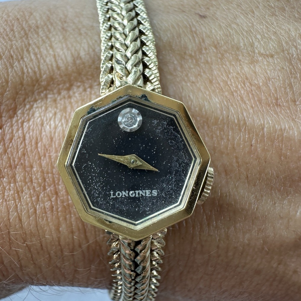 Longines Gold Plated Diamond Cocktail Ladies Vtg Dress Watch Octagon Mesh Works!